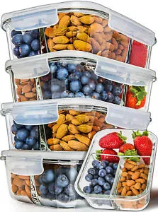 Glass Meal Prep Container w/lid 3 Compartment 5 Pack Food Prep Glass Storage